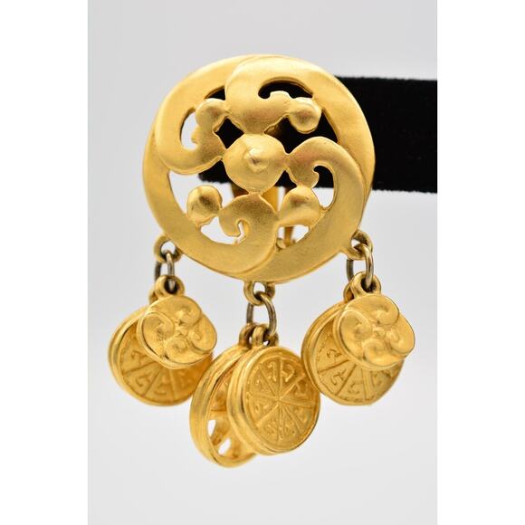 Givenchy Vintage Coin Clip On Earrings Brushed Gold Logo Etruscan Signed BinQ - Picture 6 of 12